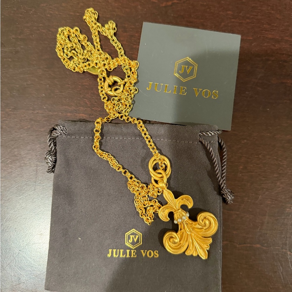 Julie Vos Gold Fleur-de-Lis Pendant Necklace - Matte Gold Finish